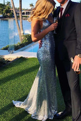 Sparkly Silver Sequins Mermaid Backless Long Prom Dresses, Evening Gown